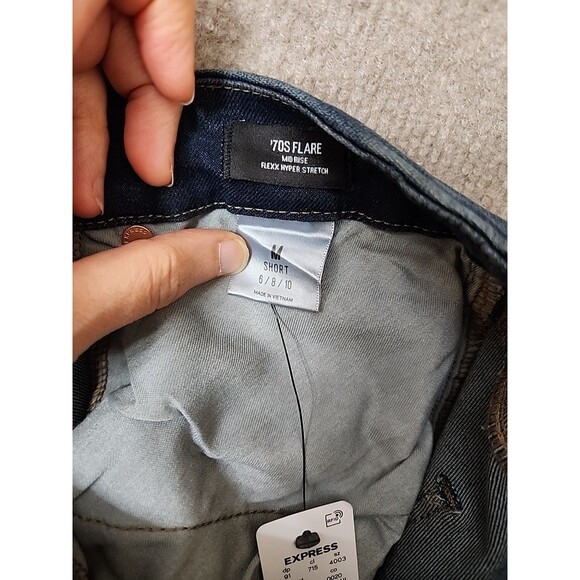 Express 70s Flare Mid Rise Flex Hyper Stretch Jeans Womens M Short 6 8 10 NEW - Picture 9 of 11